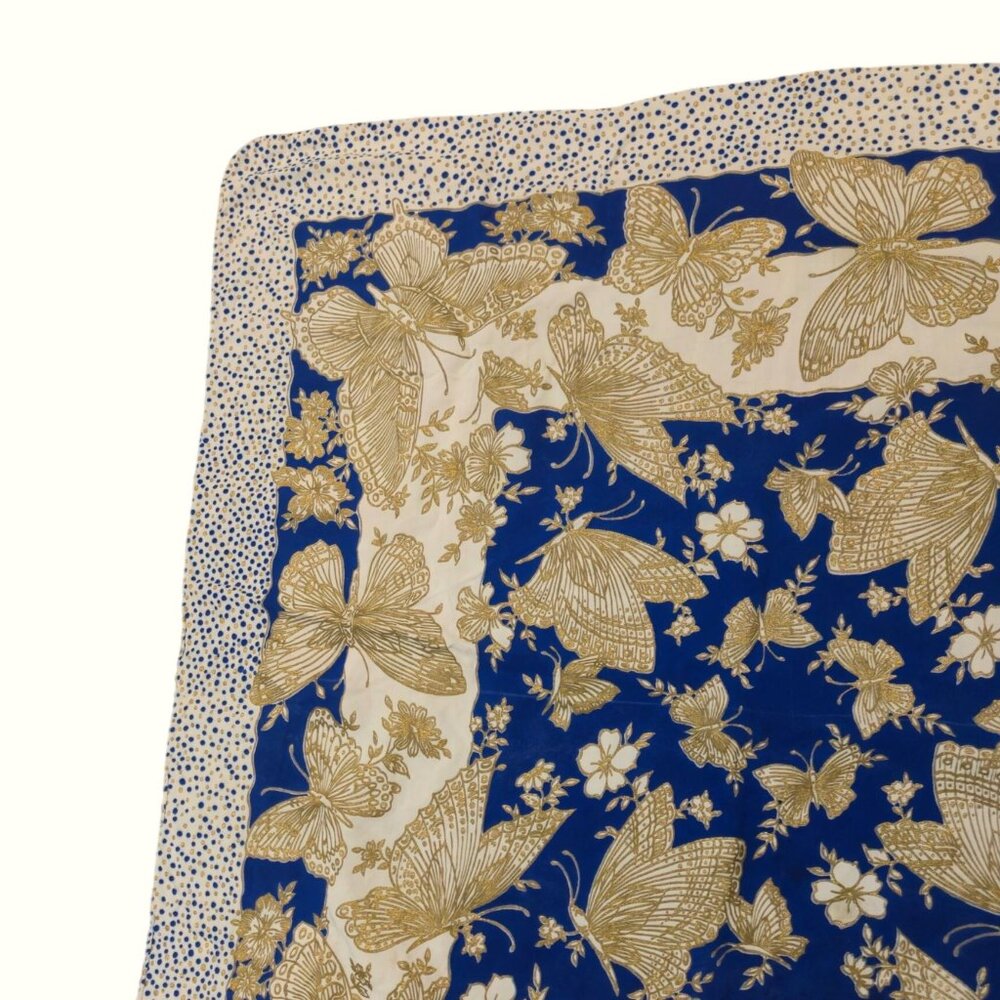 Vintage Butterfly Scarf Blue Gold Boho Headscarf Square Kerchief Wrap Bandana - Picture 9 of 13